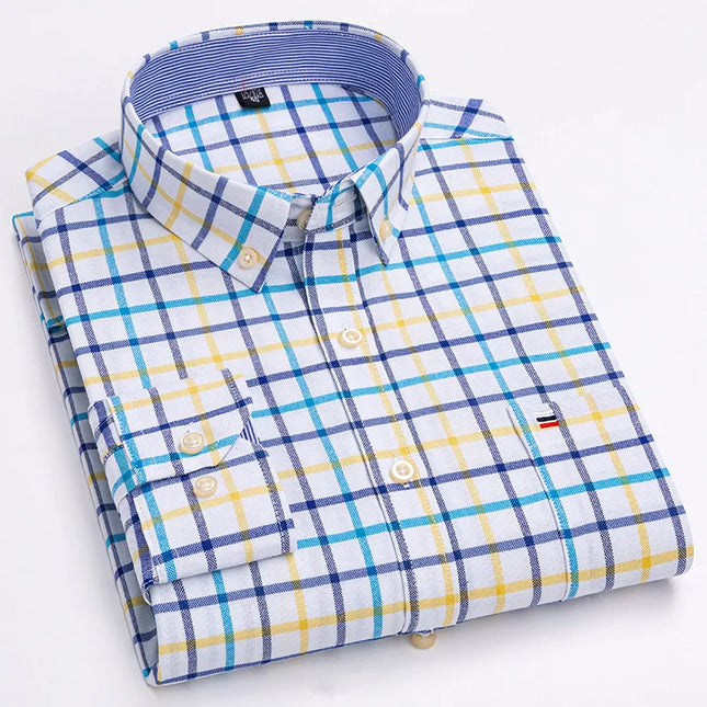 Men's 100% Cotton Long Sleeve Dress Shirt - Oxford Plaid Style