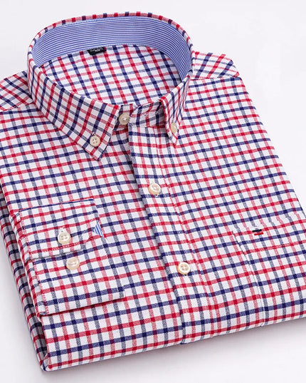 Men's 100% Cotton Long Sleeve Dress Shirt - Oxford Plaid Style