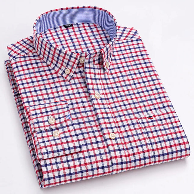 Men's 100% Cotton Long Sleeve Dress Shirt - Oxford Plaid Style