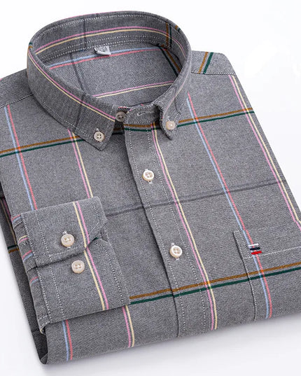 Men's 100% Cotton Long Sleeve Dress Shirt - Oxford Plaid Style