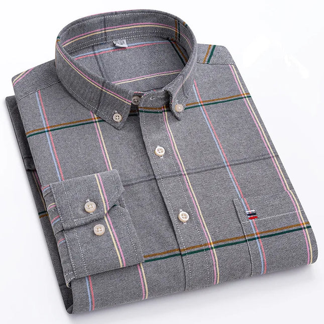 Men's 100% Cotton Long Sleeve Dress Shirt - Oxford Plaid Style