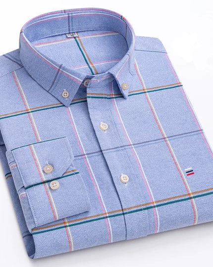 Men's 100% Cotton Long Sleeve Dress Shirt - Oxford Plaid Style