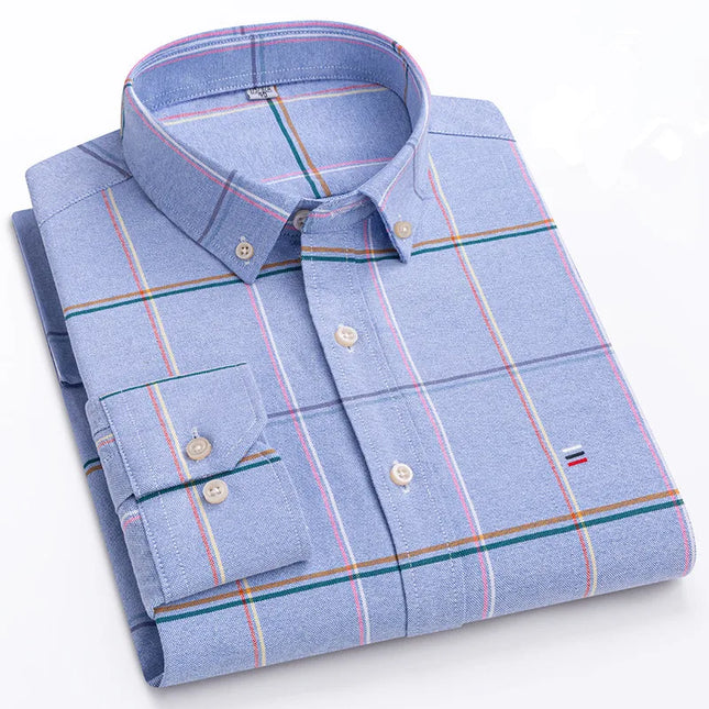 Men's 100% Cotton Long Sleeve Dress Shirt - Oxford Plaid Style