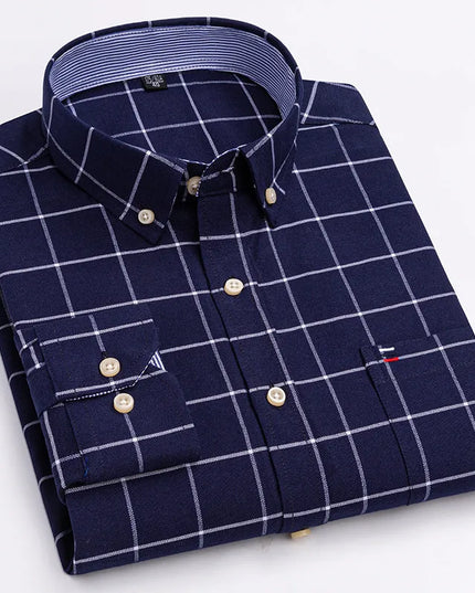 Men's 100% Cotton Long Sleeve Dress Shirt - Oxford Plaid Style