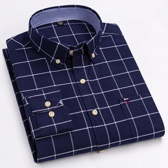 Men's 100% Cotton Long Sleeve Dress Shirt - Oxford Plaid Style