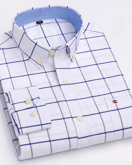 Men's 100% Cotton Long Sleeve Dress Shirt - Oxford Plaid Style