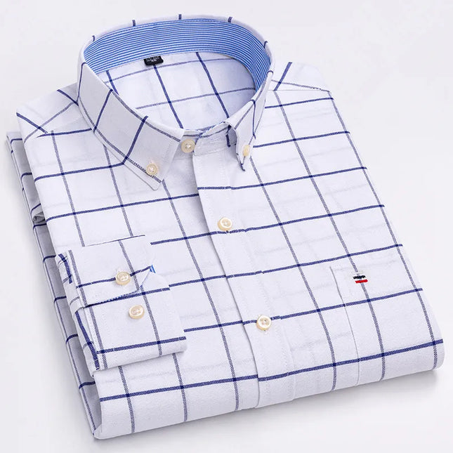 Men's 100% Cotton Long Sleeve Dress Shirt - Oxford Plaid Style