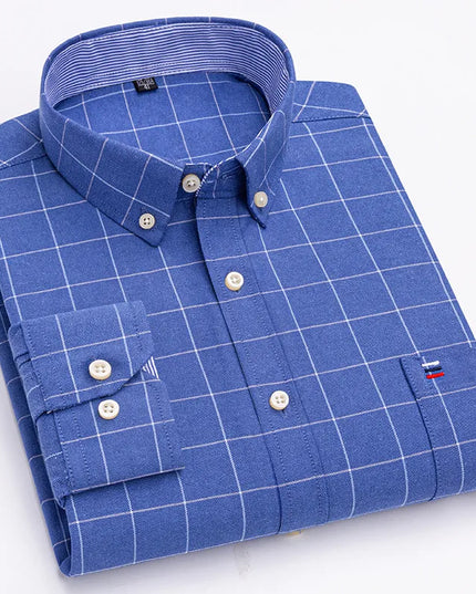 Men's 100% Cotton Long Sleeve Dress Shirt - Oxford Plaid Style