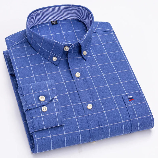 Men's 100% Cotton Long Sleeve Dress Shirt - Oxford Plaid Style