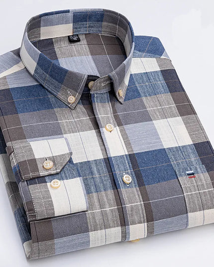 Men's 100% Cotton Long Sleeve Dress Shirt - Oxford Plaid Style
