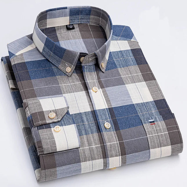 Men's 100% Cotton Long Sleeve Dress Shirt - Oxford Plaid Style