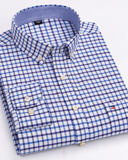 Men's 100% Cotton Long Sleeve Dress Shirt - Oxford Plaid Style