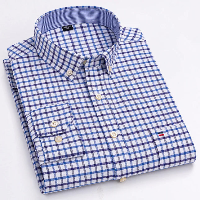 Men's 100% Cotton Long Sleeve Dress Shirt - Oxford Plaid Style