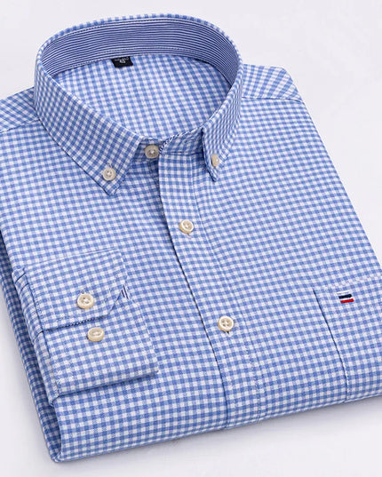 Men's 100% Cotton Long Sleeve Dress Shirt - Oxford Plaid Style