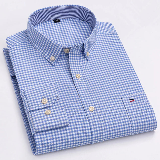Men's 100% Cotton Long Sleeve Dress Shirt - Oxford Plaid Style