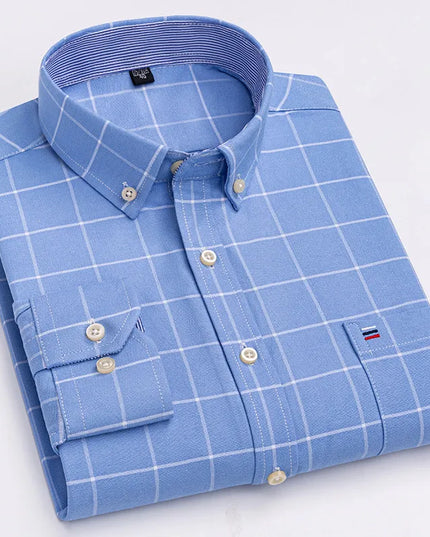 Men's 100% Cotton Long Sleeve Dress Shirt - Oxford Plaid Style