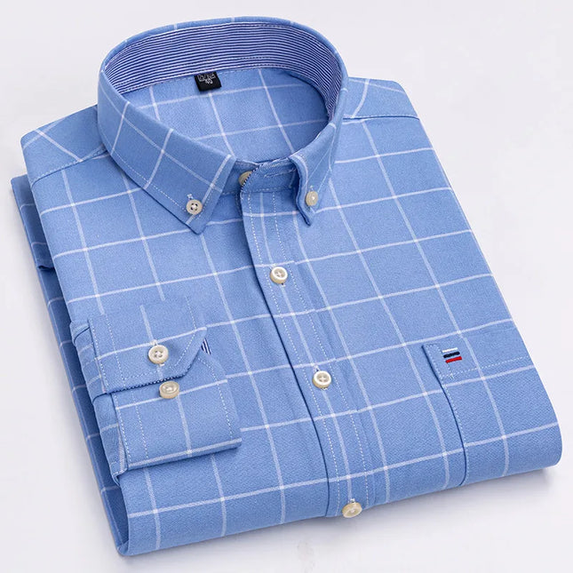 Men's 100% Cotton Long Sleeve Dress Shirt - Oxford Plaid Style