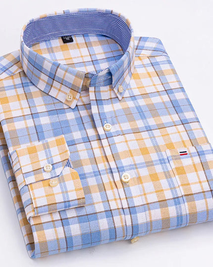 Men's 100% Cotton Long Sleeve Dress Shirt - Oxford Plaid Style