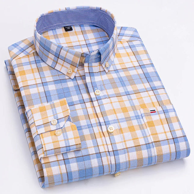 Men's 100% Cotton Long Sleeve Dress Shirt - Oxford Plaid Style
