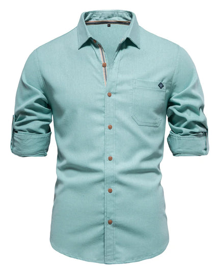 Men's 100% Cotton Long Sleeve Shirt - Casual Turn-Down Collar