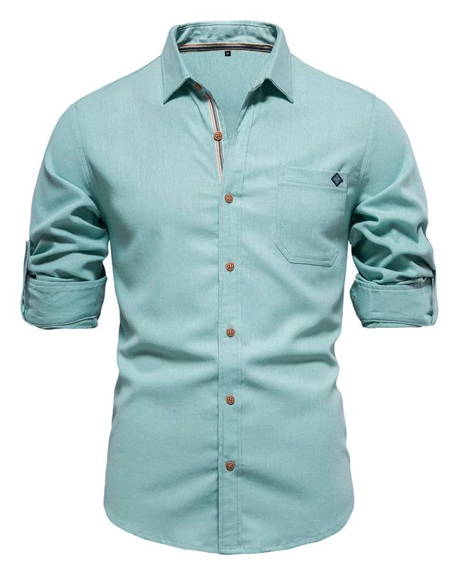 Men's 100% Cotton Long Sleeve Shirt - Casual Turn-Down Collar