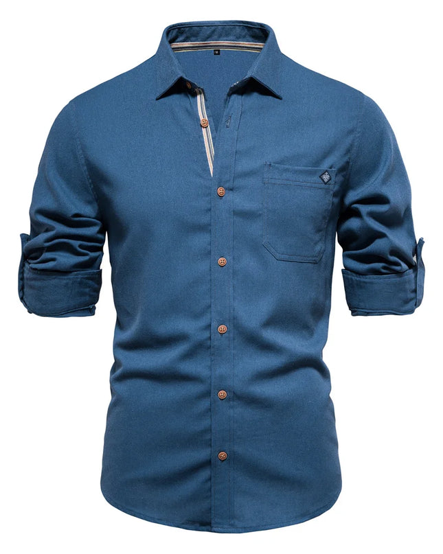 Men's 100% Cotton Long Sleeve Shirt - Casual Turn-Down Collar