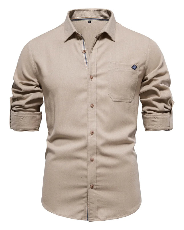 Men's 100% Cotton Long Sleeve Shirt - Casual Turn-Down Collar