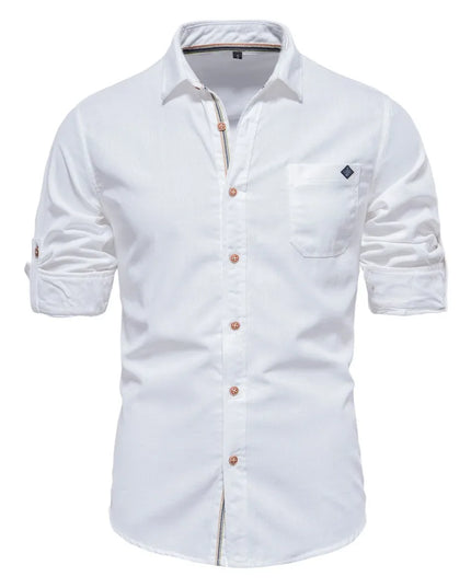 Men's 100% Cotton Long Sleeve Shirt - Casual Turn-Down Collar