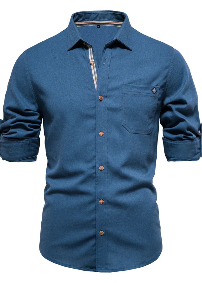 Men's 100% Cotton Long Sleeve Shirt - Casual Turn-Down Collar