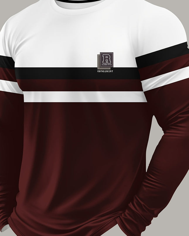 Men's 3D Striped Color Block T-Shirt - Casual Round Neck Design