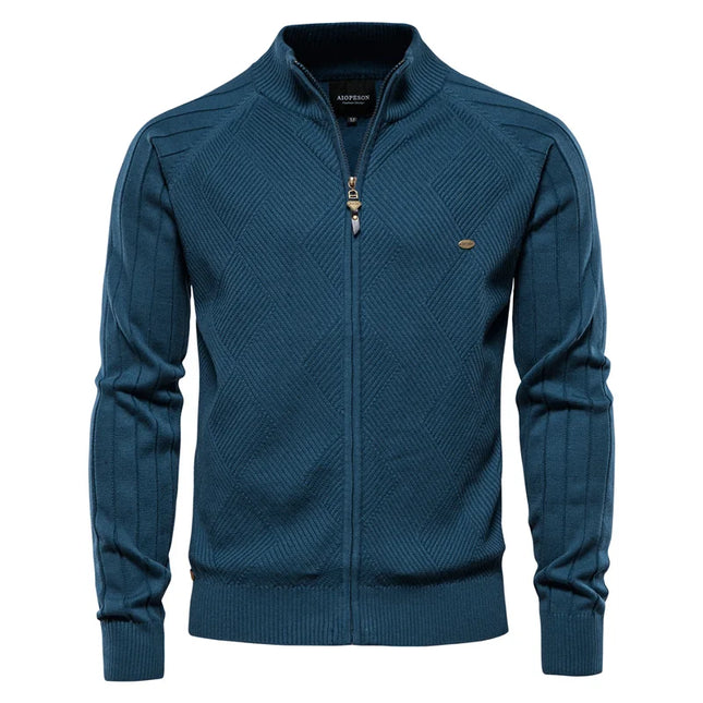 Men's Argyle Zipper Cardigan - Casual Cotton Sweater