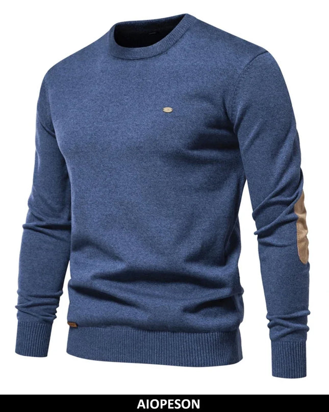 Men's Autumn Cotton Sweater - O Neck Patchwork Design, Warm Pullover