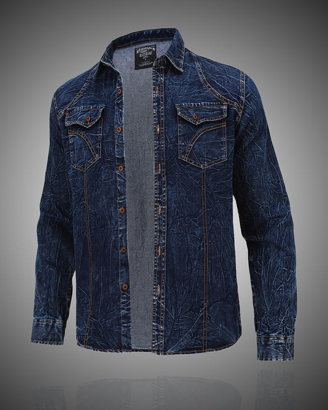 Men's Blue Shirt Jacket - Double-Pocket Design, Fashionable
