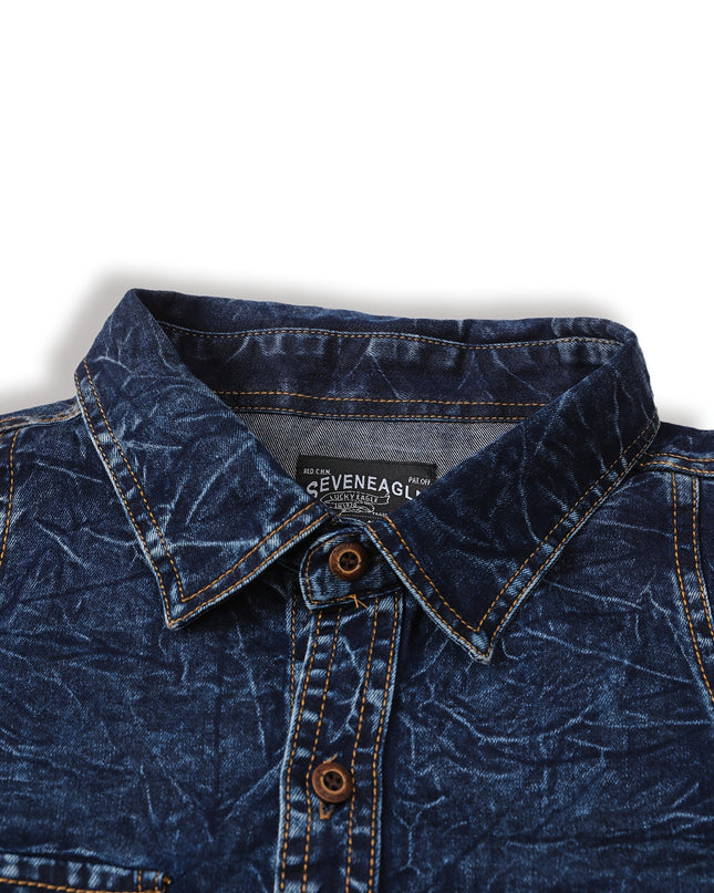 Men's Blue Shirt Jacket - Double-Pocket Design, Fashionable