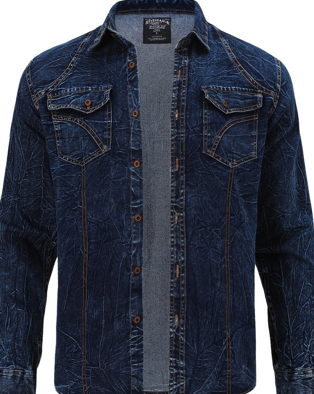 Men's Blue Shirt Jacket - Double-Pocket Design, Fashionable