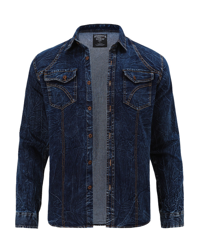 Men's Blue Shirt Jacket - Double-Pocket Design, Fashionable