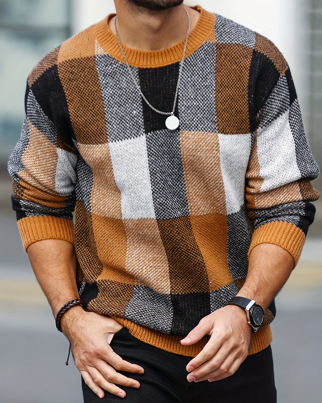 Men's Casual Color-Blocked Pullover - Trendy Knit Sweater