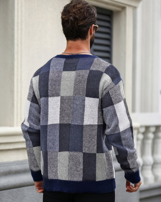 Men's Casual Color-Blocked Pullover - Trendy Knit Sweater
