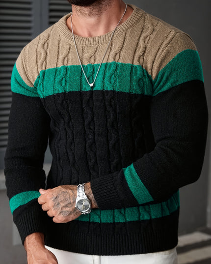 Men's Casual Crew Neck Sweater - Color Block Pullover for Fall