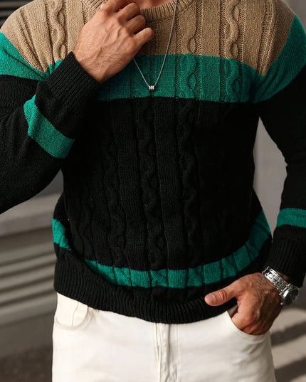 Men's Casual Crew Neck Sweater - Color Block Pullover for Fall