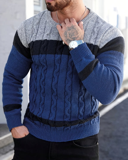 Men's Casual Crew Neck Sweater - Color Block Pullover for Fall