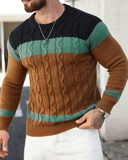Men's Casual Crew Neck Sweater - Color Block Pullover for Fall