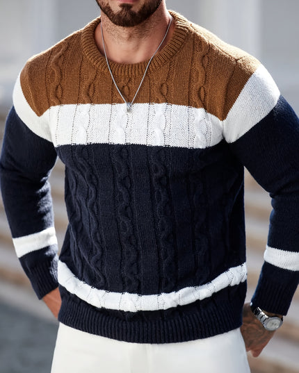 Men's Casual Crew Neck Sweater - Color Block Pullover for Fall