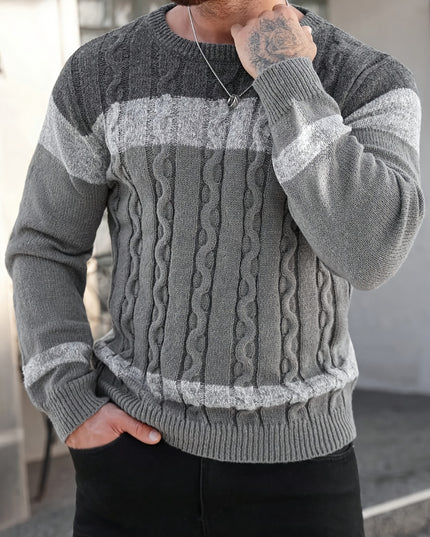 Men's Casual Crew Neck Sweater - Color Block Pullover for Fall