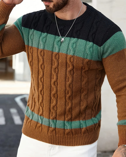 Men's Casual Crew Neck Sweater - Color Block Pullover for Fall
