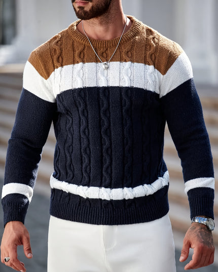 Men's Casual Crew Neck Sweater - Color Block Pullover for Fall