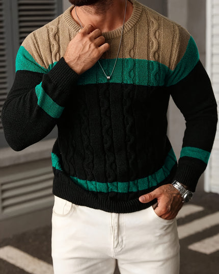Men's Casual Crew Neck Sweater - Color Block Pullover for Fall