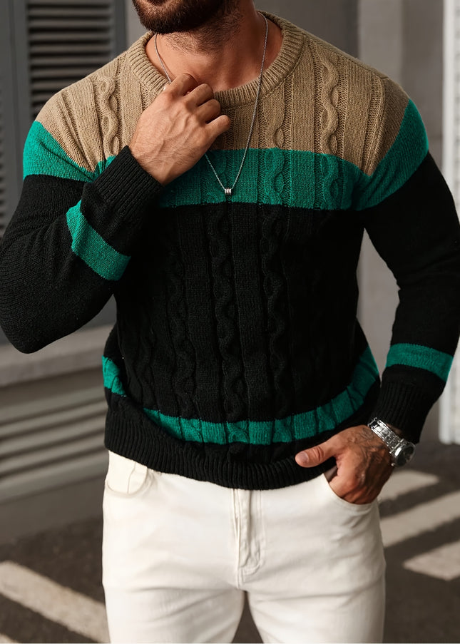 Men's Casual Crew Neck Sweater - Color Block Pullover for Fall
