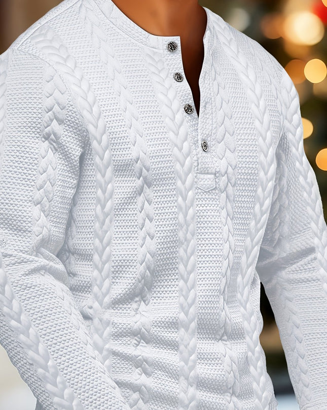 Men's Casual Henley Shirt - Textured Jacquard Long Sleeve Top