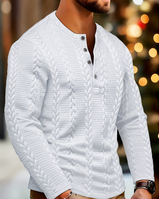 Men's Casual Henley Shirt - Textured Jacquard Long Sleeve Top